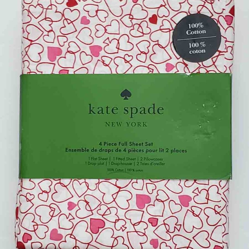 NWT Kate Spade FULL SIZE Sheet Set Outline Hearts Spades Pink Red White Cotton